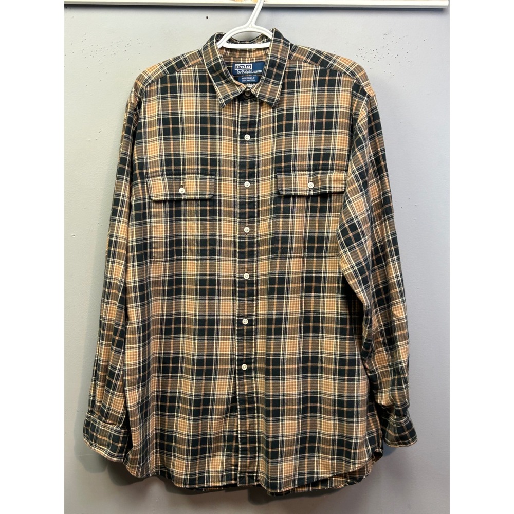 Polo Ralph Lauren Button Down Men Large Brown Whitfield Plaid Cotton Long Sleeve